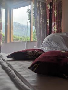 ein Bett mit Kissen und ein Fenster im Schlafzimmer in der Unterkunft Cwmbale Eco-Safari Lodges, Restaurant and Zoo. in Mbale