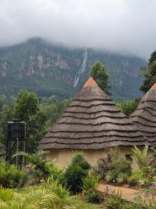 un grupo de cabañas con montañas en el fondo en Cwmbale Eco-Safari Lodges, Restaurant and Zoo., en Mbale