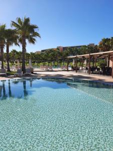 a large swimming pool with palm trees in the background at Apartamento TT Ocean - Herdade dos Salgados in Guia