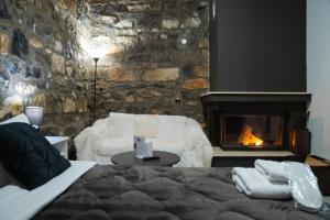 a bedroom with a bed and a fireplace at kaimak luxury chalet in Palaios Agios Athanasios