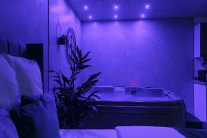 a purple room with a bath tub and a plant at Riverside studio with Jacuzzi! in Sheffield