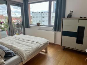 Un dormitorio con una cama y un gato en una ventana en Apartment in historical center with park view en Plzeň