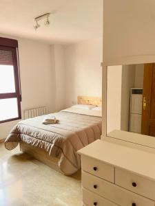 a bedroom with a bed and a dresser and a mirror at Apartamento, piscina y parking Granada Tico Medina in Granada