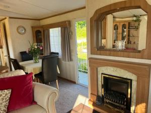 a living room with a fireplace and a mirror at Heavenly Retreat in Lampeter