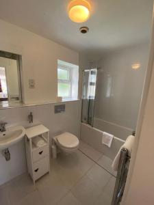 a white bathroom with a toilet and a sink at Snowdonia Mountain Lodge in Bethesda