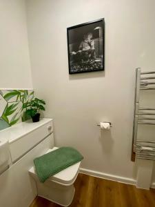 a bathroom with a toilet and a picture on the wall at Central Crewe - Modern 1BR Haven in Crewe