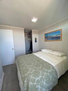 a bedroom with a bed and a painting on the wall at Departamento nuevo en Villarrica in Villarrica