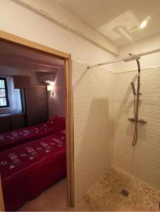 uma casa de banho com um chuveiro e uma cama vermelha em Villa Napoléon em Saint-Nazaire-dʼAude
