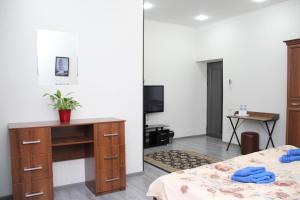 タシュケントにあるChinara Guest House Airportのベッド、ドレッサー、テレビが備わる客室です。