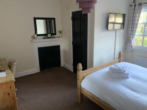 a bedroom with a bed with a fireplace and a mirror at The Cromwell Arms Inn in Bovey Tracey