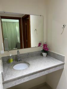 Aldeia das Águas Park Resort - Quartier - Flat B102 في بارا دو بيراي: منضدة الحمام مع الحوض والمرآة