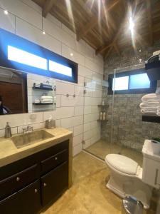 a bathroom with a toilet and a sink and a mirror at Paraiso Del Cielo in San Ramón