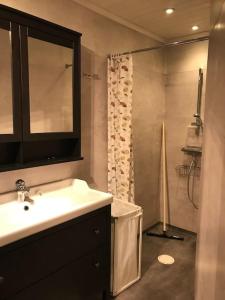 a bathroom with a sink and a shower at 8 bed house in Vik, Åre in Åre