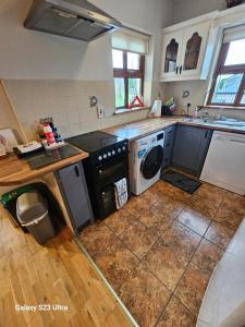 a kitchen with a washer and dryer at Roadside Cottage The Burren in Kilfenora