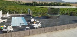 a rooftop patio with a swimming pool and chairs and a swimming pool at Hotel TROESMIS in Turcoaia