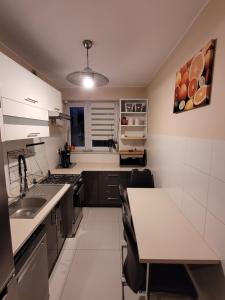 a kitchen with a sink and a table in it at Apartament pod szczęśliwą 13 in Toruń