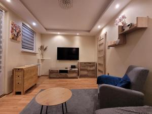 a living room with a tv and a couch and a table at Apartament pod szczęśliwą 13 in Toruń