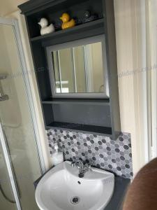 a bathroom with a sink and a mirror at JSNHolidays@CraigTara in Ayr