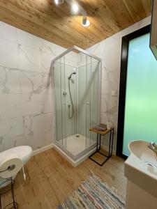 a bathroom with a shower with a glass shower stall at Domki Marina Rydzewo in Rydzewo