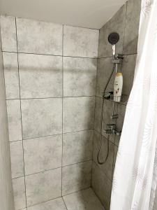 um chuveiro com uma cabeça de chuveiro e uma cortina de chuveiro em Apartman Dunav em Rospi Ćuprija