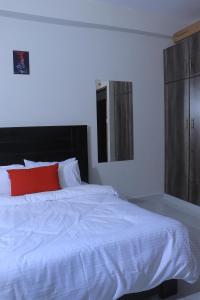 - une chambre avec un lit blanc et un oreiller rouge dans l'établissement 1BR Apartment, Canopy apartments Meru near KeMU university Main Campus, à Meru