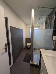 a bathroom with a shower and a toilet in it at Ferienwohnung Familie Perl in Immenhausen