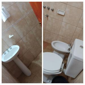 2 fotos de un baño con aseo y lavabo en Cabañas El Abuelo en Belén