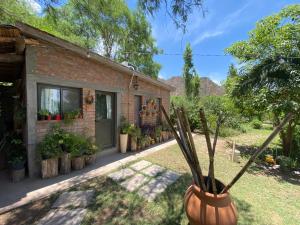 un edificio con un montón de macetas en un patio en Cabañas El Abuelo en Belén