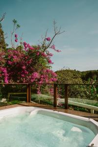 a swimming pool with pink flowers on a fence at Villa Nova Holanda in Mulungu