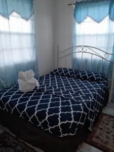 a bedroom with a bed with a blue and white comforter at Beverley's Guest House, Nevis in Nevis
