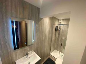 a bathroom with a sink and a mirror and a shower at The Suite Apartment @3 in Barnsley