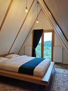 a bedroom with a bed with a large window at Livada 45 in Borsa