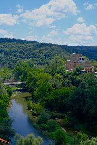 an aerial view of a river with trees and a building at Apartments Panorama in Veliko Tŭrnovo