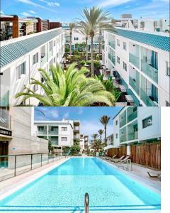 un collage de dos fotos de una piscina en Elegant apartment next to the sea!, en Corralejo