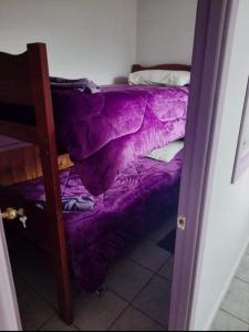 sypialnia z 2 łóżkami piętrowymi i fioletową pościelą w obiekcie Departamentos k&m w mieście Puerto Natales