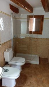 ein Bad mit einem WC, einer Dusche und einem Waschbecken in der Unterkunft Casa La Catalina II in Beceite