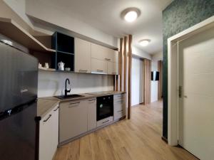 eine Küche mit weißen Schränken und einem schwarzen Gerät in der Unterkunft Urban Vista Apartments in Ohrid