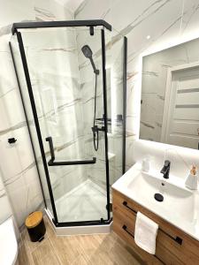 a bathroom with a shower and a sink at Apartament SASANKA in Kudowa-Zdrój +13 photos