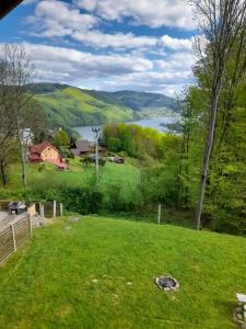 a view of a green field with a lake at Widokowy Raj Piękny Widok!! in Międzybrodzie Bialskie