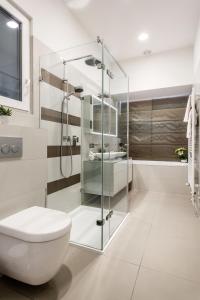 a bathroom with a glass shower and a toilet at Luxurious Danubeside Apartment for 6 in Budapest