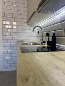 uma cozinha com um balcão com um lavatório em Boulevard Apartments em Saraievo