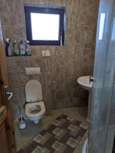 La salle de bains est pourvue de toilettes, d'un lavabo et d'une fenêtre. dans l'établissement Vila Ružica, à Kupres
