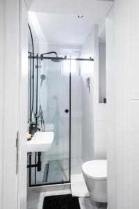 ノヴィサドにあるPistachio apartmanのバスルーム(シャワー、トイレ、シンク付)