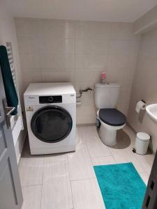 ein Badezimmer mit einer Waschmaschine und einem WC in der Unterkunft Appartement en duplex A113 in Draveil