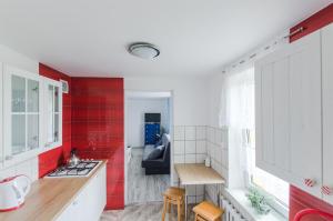 ミコワイキにあるDom Korsarzaの白いキャビネットと赤い壁のキッチン