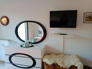 ein Wohnzimmer mit einem Spiegel und einem TV in der Unterkunft APPARTEMENT AU CALME in Menton