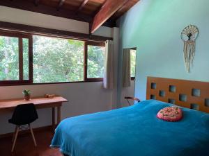 a bedroom with a blue bed and a desk and windows at Casa Cacau Boutique B&B - Sítio Salamandra Vale do Matutu in Aiuruoca