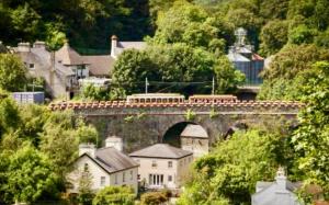 un tren en un puente sobre una ciudad con casas en The Cottage, Bridge House en Laxey