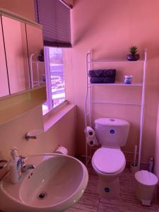 uma casa de banho rosa com um WC e um lavatório em Oranjestad Apartment em Oranjestad