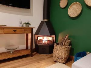 einen Holzofen in einem Zimmer mit grüner Wand in der Unterkunft Chalé Jasmim in Santo Antônio do Pinhal